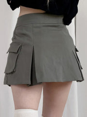 HOUZHOU Vintage Pocket Denim Cargo Skirt Women Korean Preppy Style High Waist Solid A-line Casual Pleated Mini Skirt Y2K E Girl