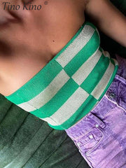 Plaid Knitted Women Tube Top Tank Ruffled Sexy Off Shoulder Backless Lady Vest 2022 Summer Sleeveless Slim Fashion Corset Tops