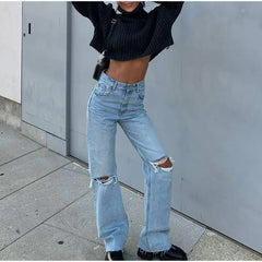 Lizakosht High Waist Baggy Straight Jeans Mom Streetwear Ripped Hole Distressed Denim Pants Vintage Women Casual Tassels Wide Leg Trousers