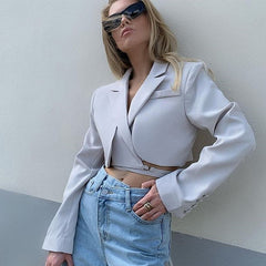Foridol Belt Lace Up Cropped Blazer Tops Women Autumn Winter Long Sleeve Streetwear Oversized Blazer 2022 Grey Tops