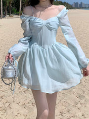 Long Sleeve Dress Female Blue Sweet A-Line Summer High Waist Vintage Slim Fairy Dress Princess Dress Sundress Beachwear Holiday