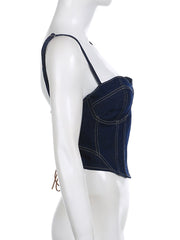 Lizakosht Harajuku Denim Camisoles Women Summer Single-Breasted Vest Tank Tops Lace Up Back Punk Vest Streetwear Jeans Cropped Tops