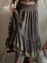 Lizakosht Long Skirt Vintage A-line Lace Splice Low Waist Maxi Skirts for Women Casual Country Style Summer Clothes Fashion