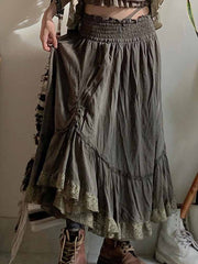 Lizakosht Long Skirt Vintage A-line Lace Splice Low Waist Maxi Skirts for Women Casual Country Style Summer Clothes Fashion