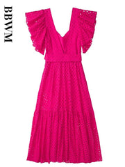 Lizakosht Summer Women Embroidery Dress With Belt Elegant Party Dress Vintage Short Sleeve Hollow Out Chic Female Causal Beach Skirt