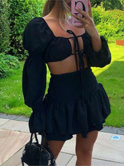 Lizakosht Sexy Solid Tops Suits Women Fashion Tie Belt Long Sleeve Hollow Out Suit Women Elegant Mini Skirts Suits Female Summer Outfit