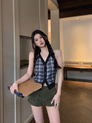 Lizakosht Summer Sexy V-neck Crop Tops Ladies Plaid Short Vest Sleeveless Party Elegant Casual Tops for Woman Korean Slim Clothing