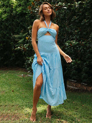 Lizakosht 2022 New Fashion Sexy Smock Halter Croset Plaid Hollow Out Summer Dress Women Backless Sundress Swing Long Dresses