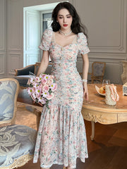 Lizakosht Sweet Gentle Elegant Dress for Women Mesh Flower Pleate Bubble Sleeve Bodycon Fishitail Robe Party Holiday Vestido Maxi Clothes