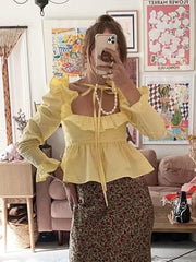 Lizakosht Square Collar Ruffles Pelpum Blouse Shirt Women Long Sleeve French Style Solid Fashion Short Summer Spring Blouse Top