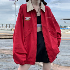 Lizakosht Women's American Red Loose Long Sleeve Cardigan Coat Spring Autumn New Chic Sports College Neutral Female Zipper Thin Jacket