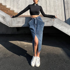 Lizakosht Blue Midi Denim Skirt Women's 2022 Spring Summer New Design Blue Exaggerated Large Pockets Slit Fashion Mid Calf Denim Skirts