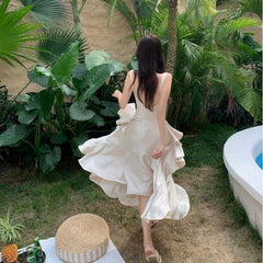 Lizakosht Imitation Acetate Satin Suspender Dress Long Dress Summer Mermaid Tail Large Hem Ruffled Holiday Dress