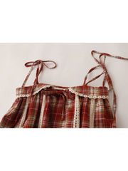 Lizakosht Classic Retro Plaid Design Women New Suspender Lace Patchwork Pleated Shirt Female Tie Up Baggy Blouses Vintage Cozy Soft Chic