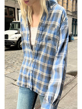 Lizakosht Vintage Blue Plaid Cotton T-shirts Women Casual Turn-Down Collar Spring Summer Long Sleeve Tees Chic Y2k Streetwear Oversize Top