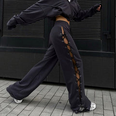 Lizakosht Women Summer Casual Baggy Pants Solid Color Drawstring Waist Side Hollow Bandage Wide Leg Pants y2k Harajuku Joggers