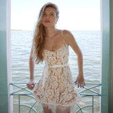 Lizakosht French Lace Dress Women 2022 Summer Retro Sweet Sexy Sling Party Dress Spaghetti Strap High Waist Low Cut Cut Dress