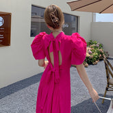 Summer Sexy Dress Women Beach Vacation Hollow Out Backless Puff Sleeve Elegant Vintage French Dress Women Luxury Evening Dress