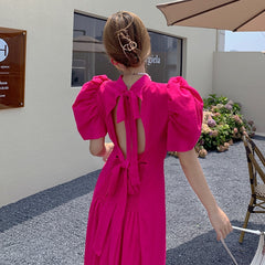 Summer Sexy Dress Women Beach Vacation Hollow Out Backless Puff Sleeve Elegant Vintage French Dress Women Luxury Evening Dress