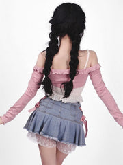 HOUZHOU Kawaii Denim Mini Skirt Women Sexy Gyaru Pink Bow Bandage Lace Patchwork High Waist Pleated Jean Skirt Y2k Shorts Summer