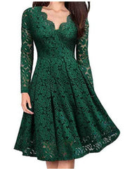 Lizakosht Autumn Winter Women V-Neck Lace Flower Elegant Casual Dress Lined Long-Sleeved Fashion Lady A-Line Formal Evening Gowns Dress