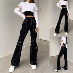 Lizakosht Woman Female High Waist Elastic Pants Girl All-Match Zipper Wash Denim Trousers Women Sexy Lace-Up Decorated Black Jeans