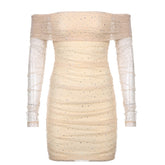 Gauze Sequins Mini Women's Dress For New Year 2022 Off Shoulder Long Sleeve Hip Package Party Dresses Elegant Dresses For Women