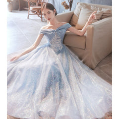 Elegant Blue Evening Dress 2022 new Off The shoulder Exquisite Appliqué Tulle Floor-length A-line Homecoming Gonws