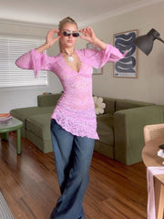 Lizakosht Women Sexy Y2K Vintage Floral Lace See-through Irregular Ruffled Hem Long Sleeve Club Streetwear Party Tunics Dress