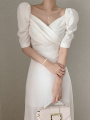 Summer Women Korean Style Chic Sweet Puff Sleeve Dress Female Lace Up Elegant Clothes