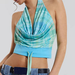 Lizakosht Plaid Halter Crop Tops Female Sleeveless Drawstring Patchwork Vest for Women Hotsweet Style Fashion 2023 Summer New