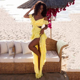 Lizakosht Beach Vacation Dress Off The Shoulder Elegant Dresses for Women Backless Ruffle Hollow Long Skirt Woman Party Robe Stylish