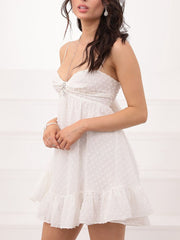 Lizakosht Women Bohomian Style Summer Sleeveless Deep V Neck Swiss Dot A-line Layered Fuffled Short Sling A-Line Backless Dress