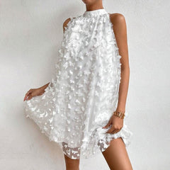 Lizakosht Chic Loose Halter Party Dress Sexy Solid Color Applique Butterfly Big Hem Dresses Ladies Liner Mesh Short Dress For Women