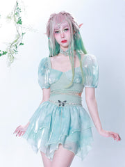 Lizakosht New Original Summer Hot Girl Sexy Gothic Fashion Temperament Harajuku Punk Green Tie Dyed Bubble Sleeve Bandage Top Suit