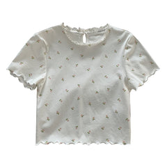 Lizakosht Cute Floral TShirts Women Summer Lace Trim Neck Short Tops Tee for Sweet Girl Kawaii Clothes
