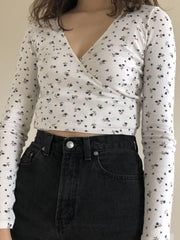 Lizakosht Chic Floral Print Slim Wrap Crop Top Women Spring Sexy V Neck Lace-up Long Sleeve T Shirt Female Vintage Casual Tops Y2k