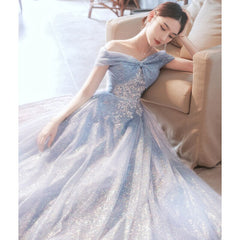 Elegant Blue Evening Dress 2022 new Off The shoulder Exquisite Appliqué Tulle Floor-length A-line Homecoming Gonws