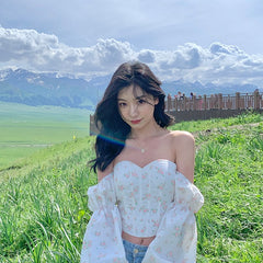 One Shoulder Long Bubble Sleeve Floral Shirt Spring Summer Top Women's Design Sense Niche Short Lining Aesthetic Clothes Kawaii