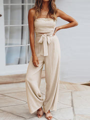 Lizakosht Elegant Hollow Lace-up Wide Leg Pants Jumpsuits 2022 Women Sexy Sleeveless Wrap Rompers Casual Solid Pockets Office Lady Rompers