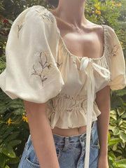 Lizakosht Women French Style Beige Floral Embroidery Linen Crop Shirt Vintage Puff Sleeve Female Summer Tops Short Blouse