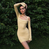 Lizakosht Fashion Flare Sleeve Sexy Cut Out Ruched Dress Outfits Women Party Club Summer Mesh Sheer Dresses Bodycon Clothes