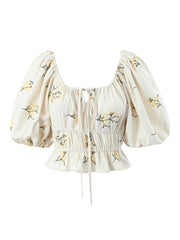 Lizakosht Women French Style Beige Floral Embroidery Linen Crop Shirt Vintage Puff Sleeve Female Summer Tops Short Blouse