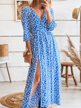 Lizakosht Summer Spring Floral Print A-line Maxi Dresses Elegant V-Neck Waist Slit Party Dress Women Loose Chic Sweet Bohemian Beach Dress