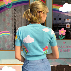 Lizakosht Summer Blue Sky Short Sleeve Sweater Women Flower Rainbow Cardigan Crochet Top Satin Top Pull Femme Causal Kawaii T Shirts 2023