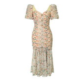 Lizakosht Sweet Gentle Elegant Dress for Women Mesh Flower Pleate Bubble Sleeve Bodycon Fishitail Robe Party Holiday Vestido Maxi Clothes