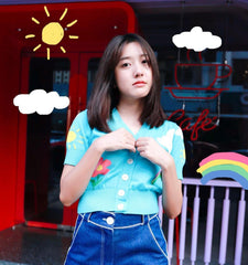 Lizakosht Summer Blue Sky Short Sleeve Sweater Women Flower Rainbow Cardigan Crochet Top Satin Top Pull Femme Causal Kawaii T Shirts 2023