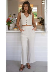 Lizakosht Single Button Crop Vest Long Pants Women 2 Pcs Cotton Linen Summer Set Elastic Waist Wide Leg Beige Outfits Matching Set