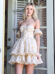 Lizakosht Floral Y2K Mini Dresses for Women 2022 Corset Off Shoulder Ruffle Sexy Lace Up Puff Sleeve Summer Streetwear Party Dress Vestido