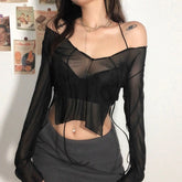 HOUZHOU Sexy Black Mesh Crop Top Women Gothic Y2K Grunge See-through Irregular Split Long Sleeve T-shirts Punk Goth Streetwear